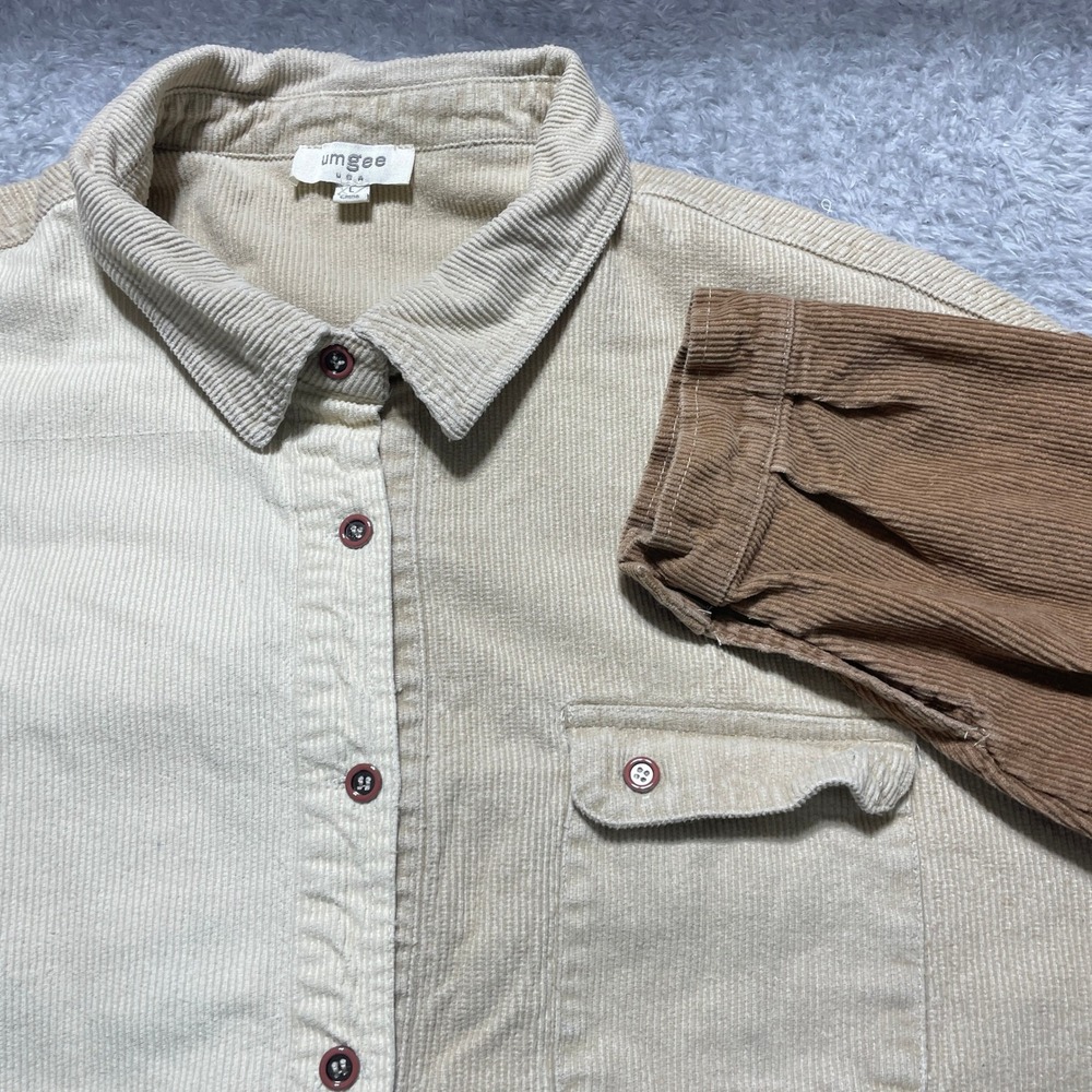 Umgee Corduroy Colorblock Shacket Beige Brown Frayed Hem Button Down Shirt Large